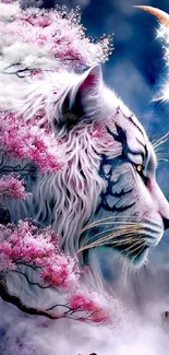 White tiger with cherry blossoms and moon, mystical mobile wallpaper.