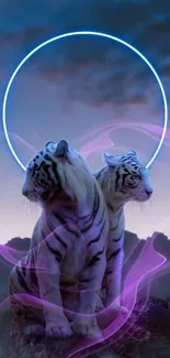 Mystical white tigers with neon circle and purple tones.