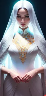 Mystical figure in white veil with golden patterns and dark background.