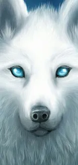 Artistic depiction of a white wolf with striking blue eyes.