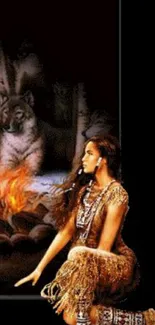 Tribal woman beside fire with wolf in mystical forest scene.