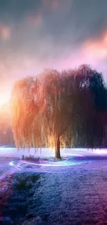 A mystical willow tree glowing in a fantasy landscape with vibrant lights.