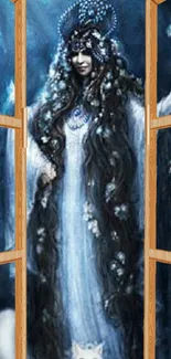 Mystical woman in blue gown behind window with flowing hair.