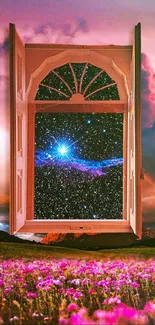 Mystical open window revealing starry galaxy above a flower field at sunset.