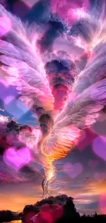 Ethereal wing-shaped cloud with hearts on a vibrant, colorful sky.