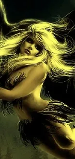 Mystical winged creature with flowing golden hair and dark wings on a mobile wallpaper.