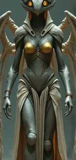 Mystical winged creature with gold accents.