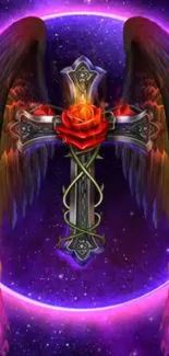 Mystical winged cross with vibrant colors and celestial background.