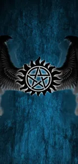 Mystical emblem with wings on dark blue background.