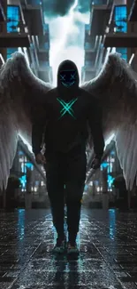 Hooded figure with wings in urban setting, glowing neon blue.