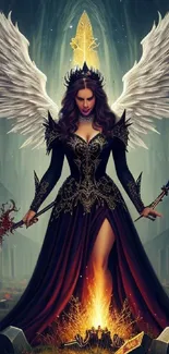 Mystical angelic figure with wings in an enchanted gothic setting.