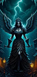 Mystical winged queen with two swords in dark teal night scene.