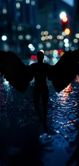 Silhouette of a winged figure in a cityscape at night.