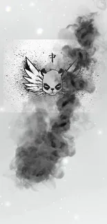 Winged skull with smoke on gray background wallpaper.