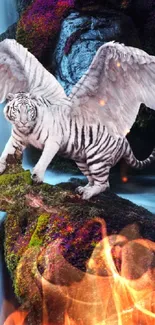 A mystical tiger with wings stands amid a fiery waterfall scene.