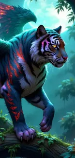 Fantasy art featuring a winged tiger in a mystical jungle.