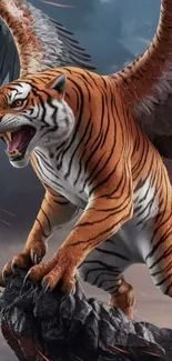 A fierce winged tiger perched on a rock with a dramatic backdrop.