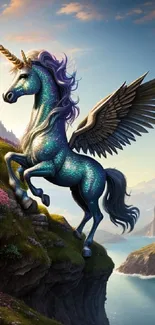 Winged unicorn standing on a cliff, overlooking an ocean and mountainous backdrop.