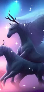 Mystical unicorns with wings in a fantasy purple landscape.