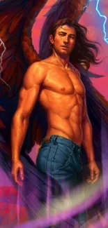 A muscular man with wings in a vibrant fantasy setting, surrounded by lightning.