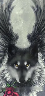 Mystical winged wolf with rose mobile wallpaper in gray tones.