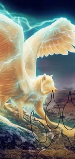 Winged mythical wolf in a mystical landscape with glowing aura.