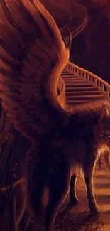 Mystical winged wolf standing on a staircase with dark background.