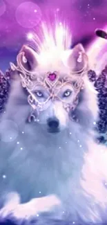 Mystical wolf with wings and gemstones in a fantasy wallpaper.