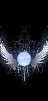 Mystical wing design with blue orb on black background wallpaper.