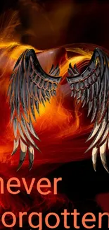 Mystical wings with fiery background and text 'never forgotten'