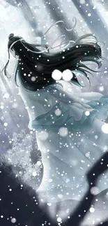 Anime figure in a mystical snowy forest setting with flowing hair.