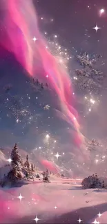 Pink aurora over a snowy landscape with sparkling winter night sky.