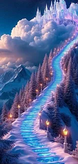 Enchanting blue pathway to a snowy castle under a starry sky.