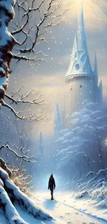 Lone traveler in snowy winter path with a mystical castle in the distance.