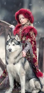 Girl in red cloak with husky in winter scene.