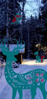 Mystic deer in snowy winter forest with vibrant teal and red accents.