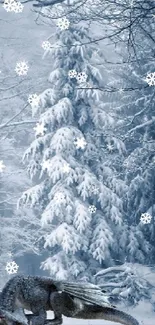 Dragon resting in snowy winter forest with trees covered in snow.