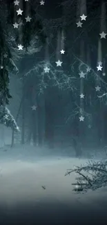 Snowy forest night with stars in sky.