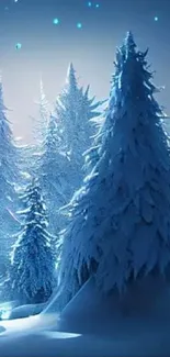 Mystical winter forest with starlit sky and snowy trees.