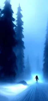 Lone figure walking through a mystical, snowy, blue-lit winter forest.