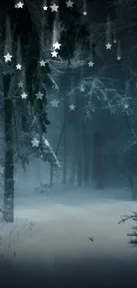 Snowy forest with stars through trees at night.