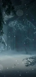 Mystical winter forest with snowflakes under a dark blue night sky.