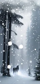 A lone wolf standing in a snow-covered winter forest with falling snowflakes.