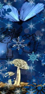 Mystical blue butterfly and snowflake wallpaper with whimsical design.