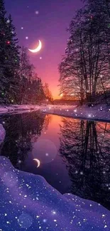 Mystical winter night scene with moonlit river and snow-covered trees.