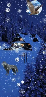 Mystical winter night scene with cabin, wolf, and snowy forest.