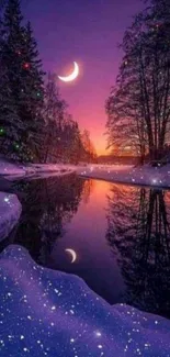 Crescent moon over snowy river, purple night sky.