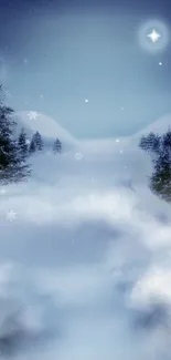 Serene snowy landscape under a starry winter night sky with moon and pine trees.