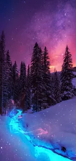 Snowy forest with glowing river under a vibrant galaxy sky.