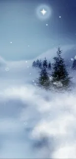 Serene snowy night landscape with stars and pine trees under a mystical sky.